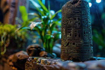 Intricately carved ancient relics showcasing symbols stand vibrantly amidst lush greenery, bridging history and nature, inviting curiosity and exploration in a captivating artistic presentation.