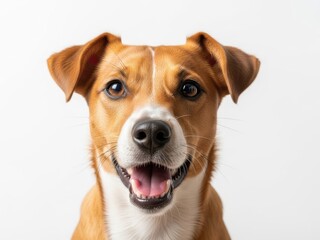 Smiling dog isolated on white background looking happy and friendly with open mouth