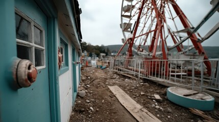 An eerie yet captivating view of an abandoned amusement park features a rusty ferris wheel surrounded by decaying structures, evoking feelings of nostalgia and melancholy.