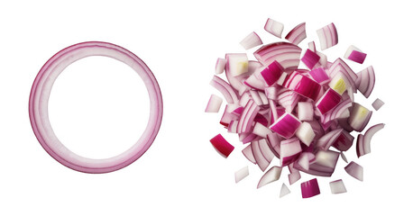Sliced and chopped red onions pieces isolated on a transparent background
