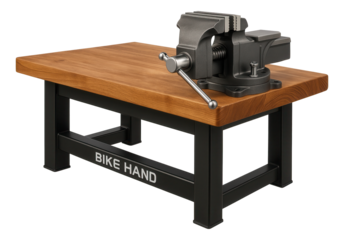 Workbench with an adjustable vise, designed for bike maintenance.