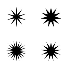 Black Starburst Sparkle Icons Set, Minimalist Y2K Geometric Star Shapes, Vector Retro Sunburst Symbols, Trendy Bold Graphic Design Elements for Logo