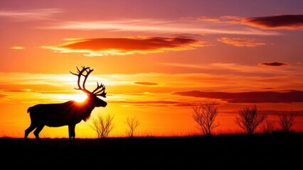 Fototapeta premium Majestic reindeer silhouette against vibrant orange sunset landscape