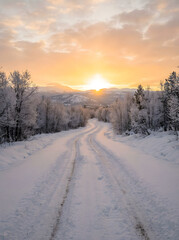 Obraz premium Serene winter landscape with snowy road and sunrise
