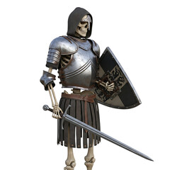 Obraz premium Skeleton warrior in armor holding sword and shield, cutout, PNG isolated on white or transparent background