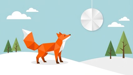Obraz premium Stylized geometric illustration of a curious orange fox looking up at a paper lantern or moon in a minimal winter wonderland with snowy hills and pine trees.