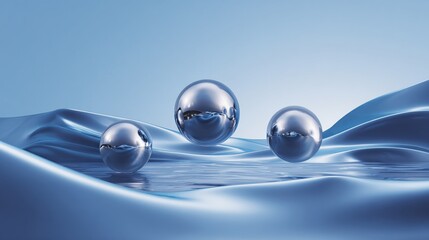 Three shiny chrome spheres float above rippled satin, blue background
