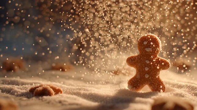 Cinematic macro shot of gingerbread man standing in falling snow with magical winter lighting