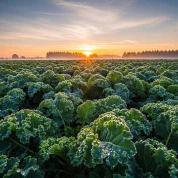 A field of frosty green kale plants at sunrise with a misty treeline in the background, showing agricultural beauty.