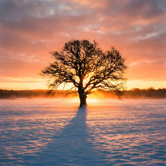 Solitary Tree in Snowy Field at Sunrise with Vibrant Sky