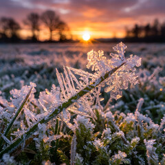Close-up of Frosty Grass at Sunrise in Winter Landscape
