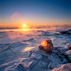 Sunrise over Frozen Winter Seascape with Snow and Ice
