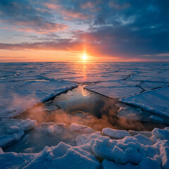 Sunset over frozen Arctic sea with floating ice sheets