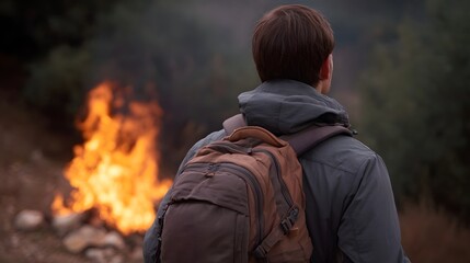 Fototapeta premium A hiker with a backpack looks towards a bright campfire in a smoky natural outdoor setting at dusk