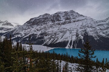 Snow Falling Over Peyto Lake Mountains