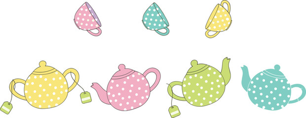 Set of Cute Pastel Colored Polka Dot Teapots and Matching Teacups with Tea Bags Isolated on White Background for Kitchen Decor