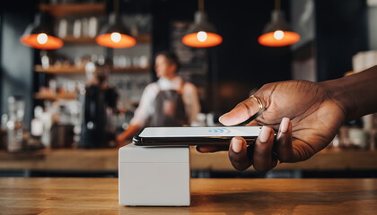 Close-up of Hand Using Smartphone for Quick Contactless Payment at Cafe Counter
