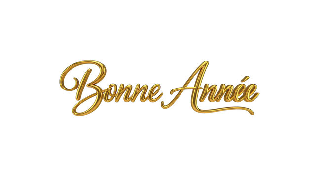 elegant 'bonne ann&eacute;e' in ornate, flowing liquid gold calligraphy, 3d embossed effect, isolated on a clean, bright white studio background. Festive greeting concept
