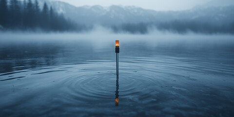 Fishing pole standing in calm lake water with misty mountains  