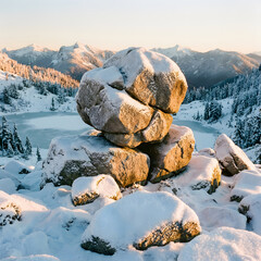 Snow-covered boulders in a serene mountain landscape at sunrise