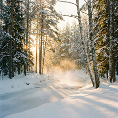 Serene Winter Forest with Snow-Covered Trees and Sunlight
