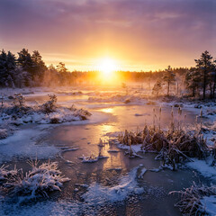 Frozen river and snowy forest during golden sunset
