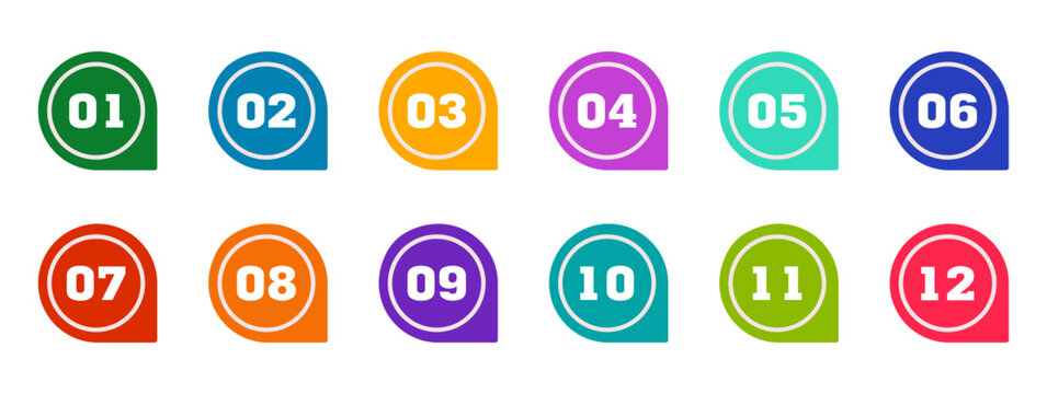 Set of colorful bullet points with numbers 0&ndash;12. Multicolored circular markers, flat vector icons on white background for lists, infographics, presentations, planners, apps and educational materials