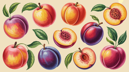 Fresh peaches and plums with leaves on a pale background, a colorful and vibrant fruit arrangement.