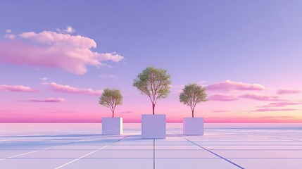 Three small trees in white planters on a light purple tiled platform at sunset.  Soft pastel colors and  pinkish-purple clouds.  Abstract, serene, and minimalist