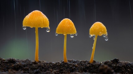 Three small orange mushrooms emerge from soil, glistening with water droplets