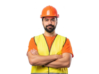 Construction worker wearing orange hard hat and yellow vest