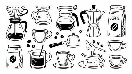 Coffee Essentials Illustration Set - Various Brewing Methods and Accessories