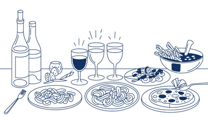 Italian Food and Wine Illustration with Various Dishes and Drinks