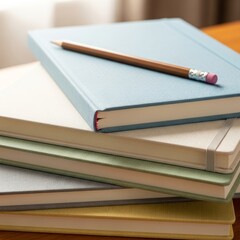A stack of colorful hardcover notebooks with a wooden pencil resting on the light blue top journal, ready for writing or sketching.