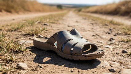 Naklejka premium A single worn grey sandal lies on a dusty dirt path in a rural landscape.