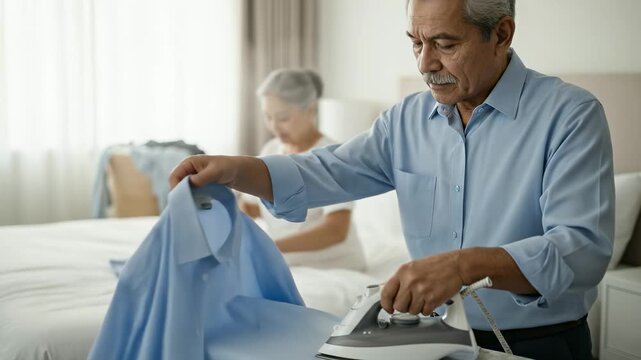 Senior Latino man irons blue shirt in sunny bedroom. Elderly woman folds clean laundry nearby. Mature couple shares household chores. Domestic retirement lifestyle at home. (168 characters)