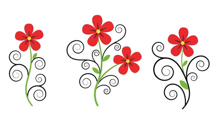Simple illustration of red flowers with swirling stems and leaves