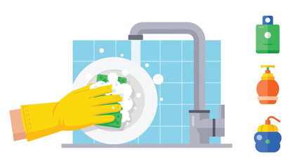 A hand washing a white plate with a sponge near kitchen sink items