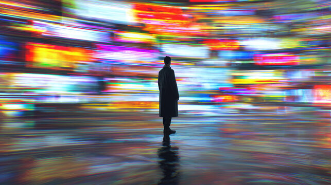 person standing still in front of blurry colorful neon light trails in city