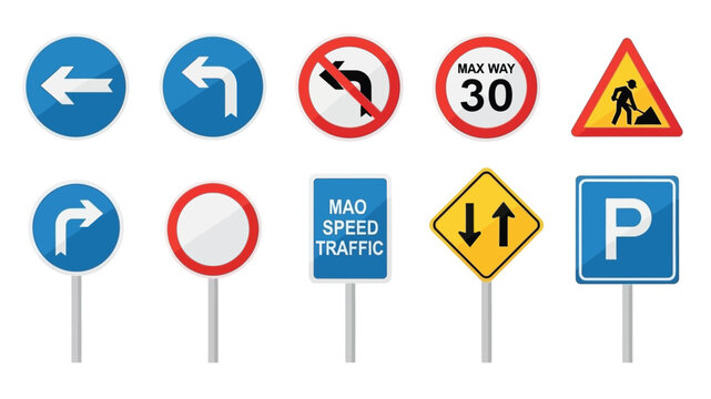 Collection of various road signs and traffic control symbols displayed together