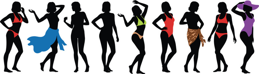 Vector Silhouettes of Diverse Women Wearing Colorful Bikinis and Summer Beach Outfits in Fashion Poses Isolated on Clean White Background