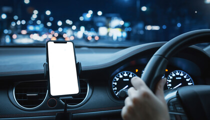 Driver's perspective of a smartphone for navigation mounted in a car at night