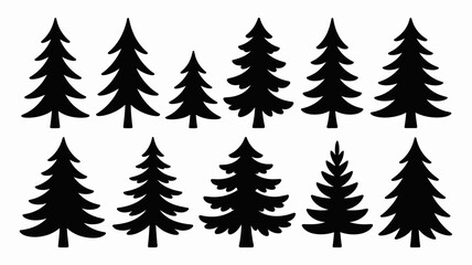 Fototapeta premium Black Silhouettes of Various Pine Trees on White Background