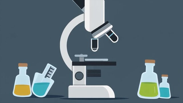 Flat Design Microscope with Beakers and Test Tubes Filled with Liquids on Dark Blue Background laboratory