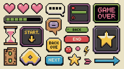 Pixel Art Game Icons Set, Retro Video Game Elements