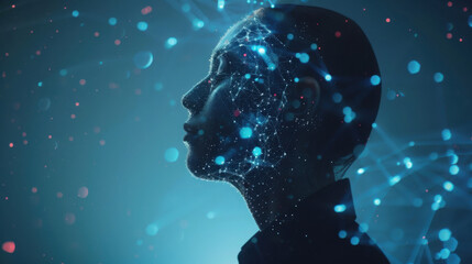 Silhouette of human head profile with digital network overlay and glowing particles