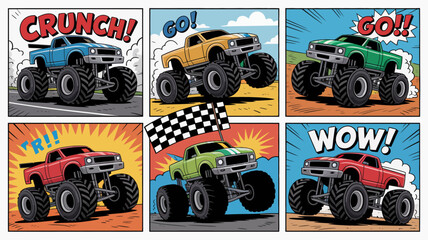 Colorful Monster Trucks in Action, Comic Book Style Illustrations © Ultimate