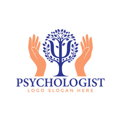 Psychologist logo with tree and hands symbolizing mental health support