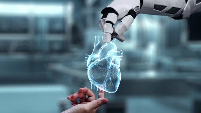 Robot and human reaching hand and pointing finger with heart holographic floating. Close up of robot hand and human working together while pointing finger at blurred laboratory background. Salubrious.