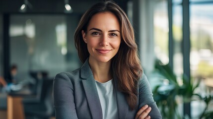 Fototapeta premium Confident Businesswoman Smiling in Modern Office Environment
